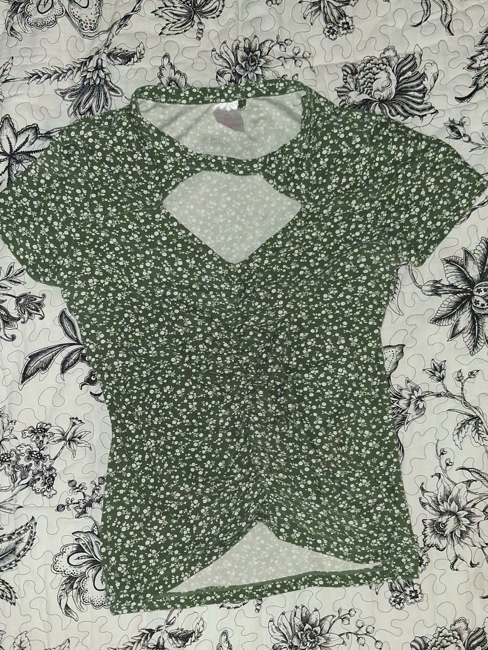 No Boundaries Olive Green Floral Cutout Top